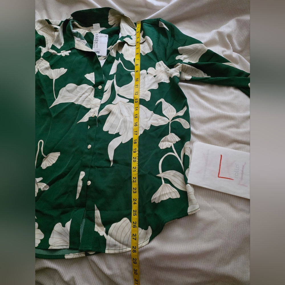 H&m Co-ord Set pajama style shirt × flowy pants floral green ecru BNWT - Picture 6 of 15